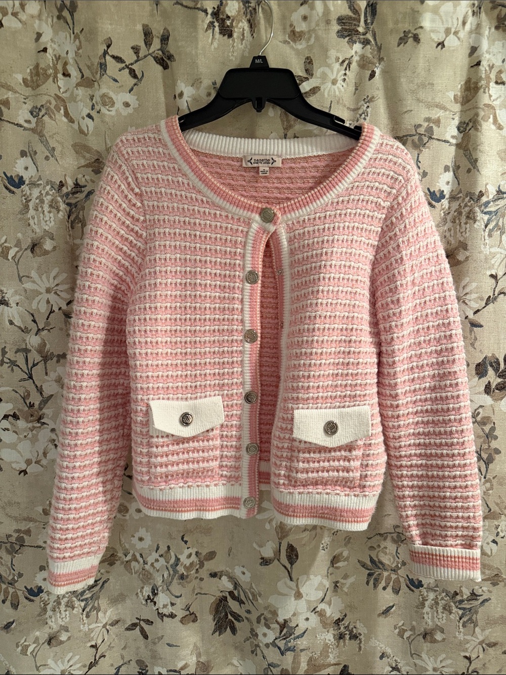 Kenar Pink & White Contrast Trim Knit Cardigan